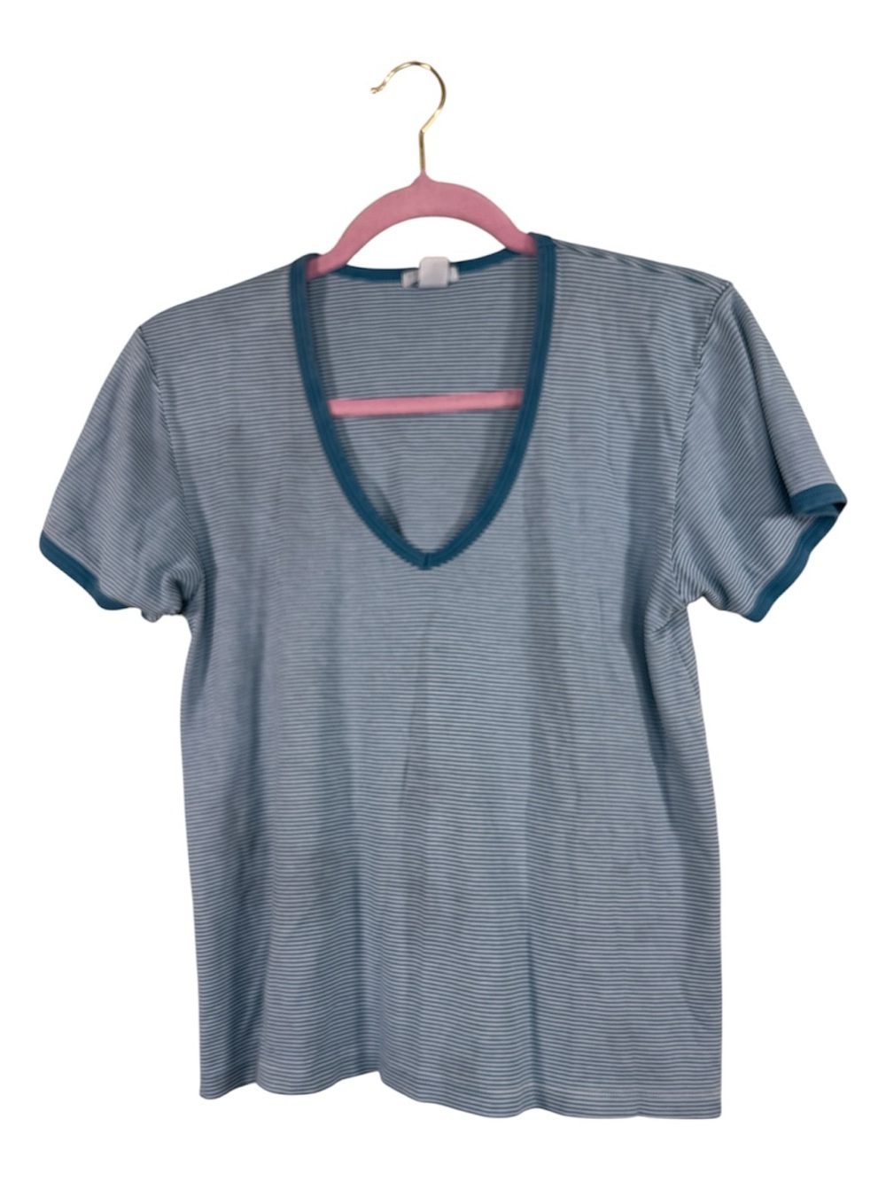 Lake Blue White Striped Short Sleeve Tee Shirt Womens M Pima Cotton Casual Top